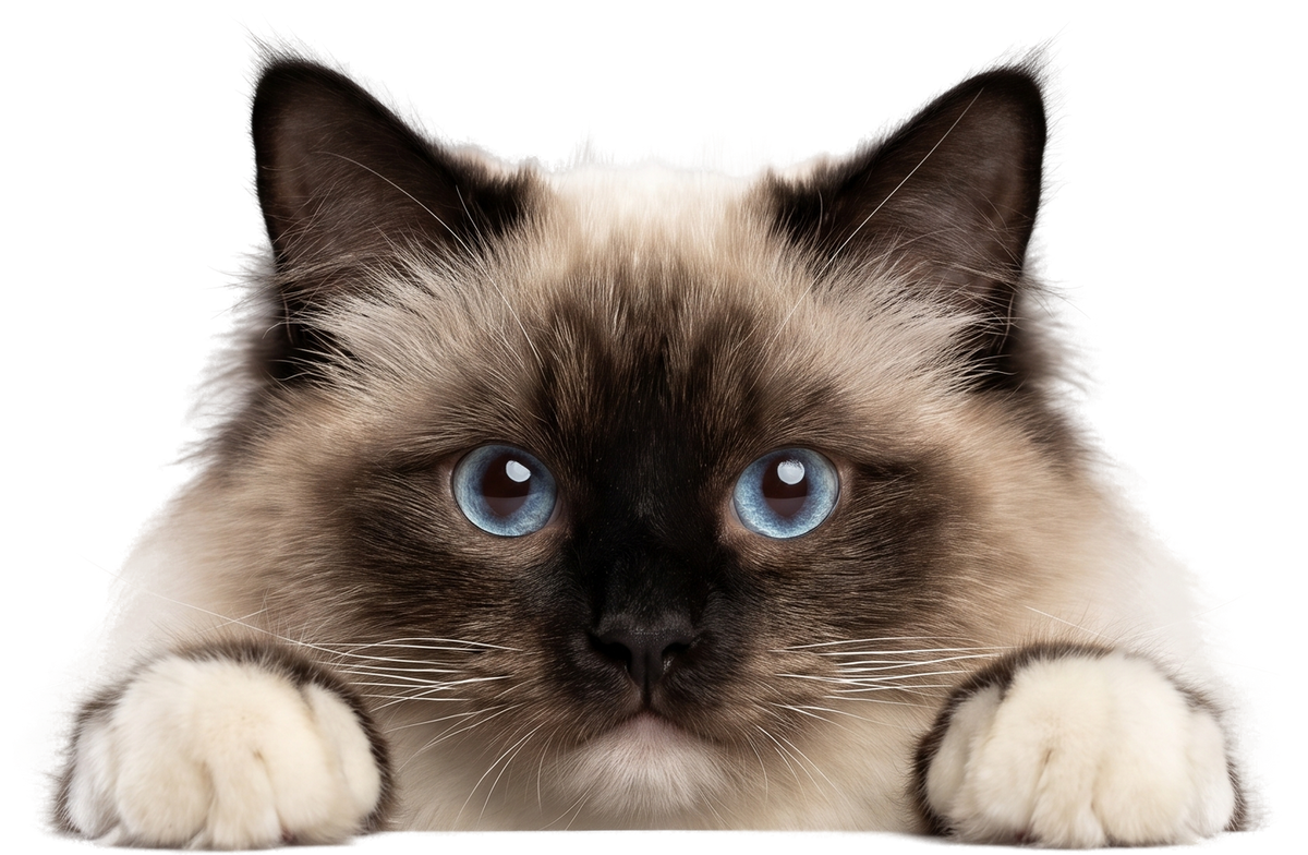 Ragdoll cat peeking over the edge